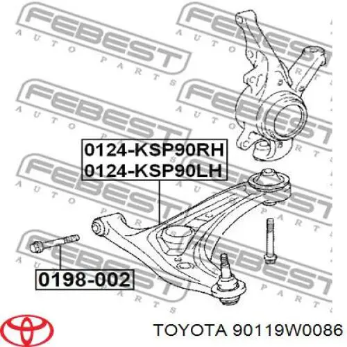 90119W0086 Toyota Śruba mocowania wahacza przedniego, dolnego
