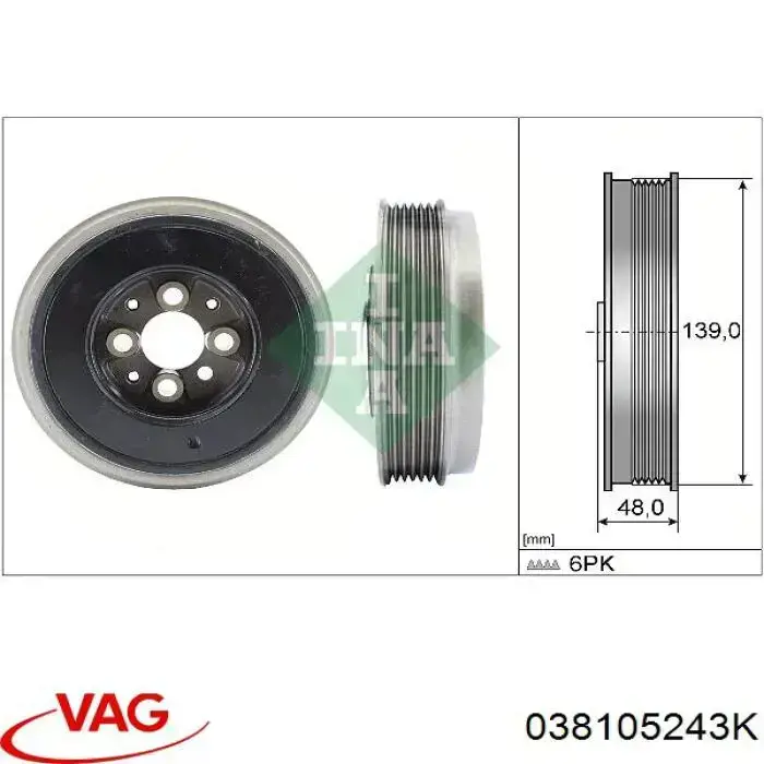 Koło pasowe wału korbowego VAG 038105243K cena, od 51,08 USD