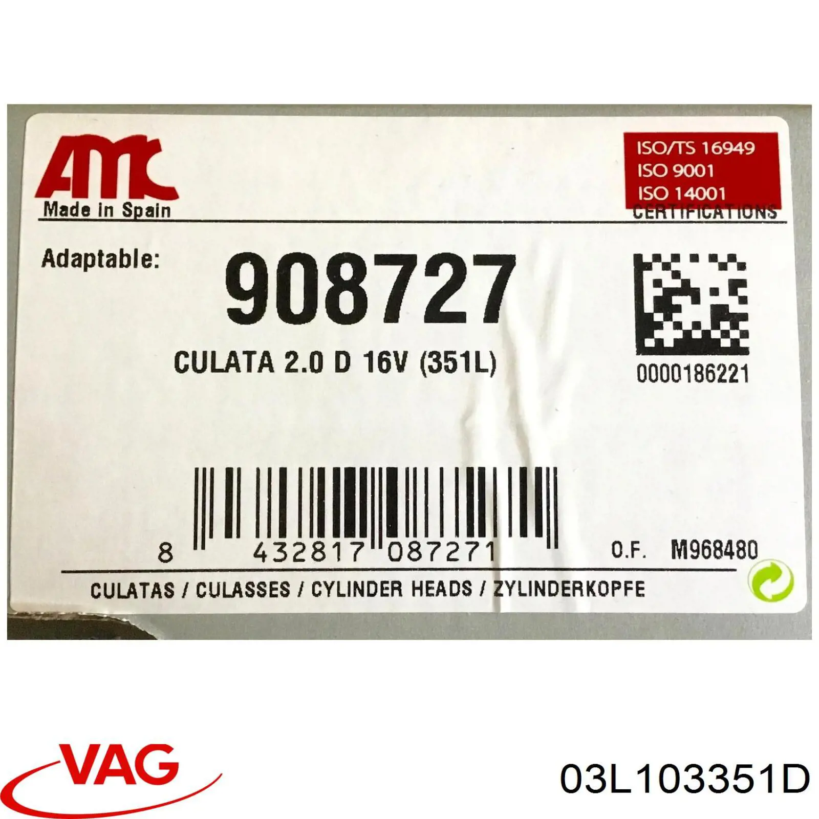 Głowica cylindrów 03L103351D VAG