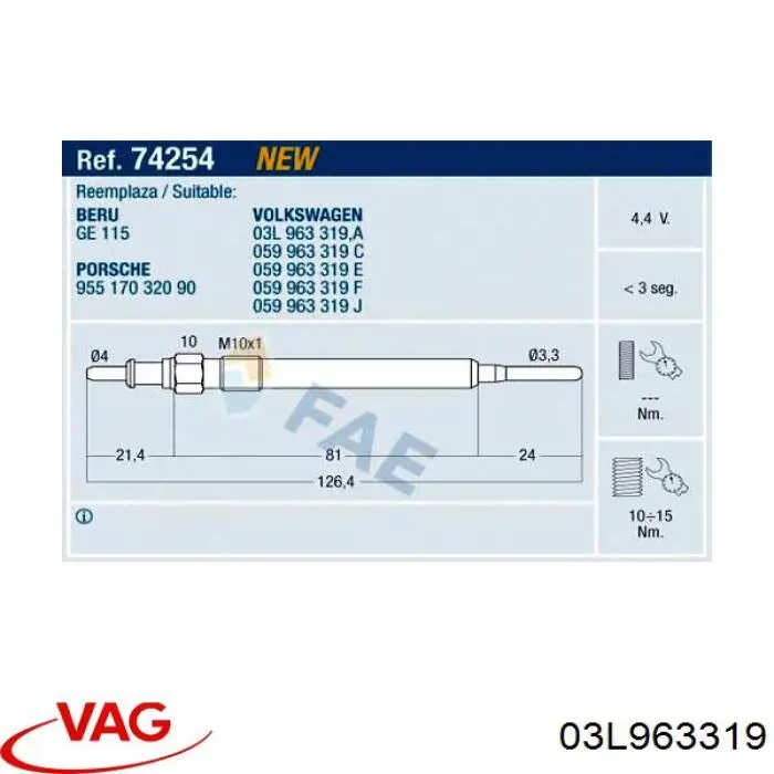 Świeca żarowa VAG 03L963319 cena, od 54,70 USD