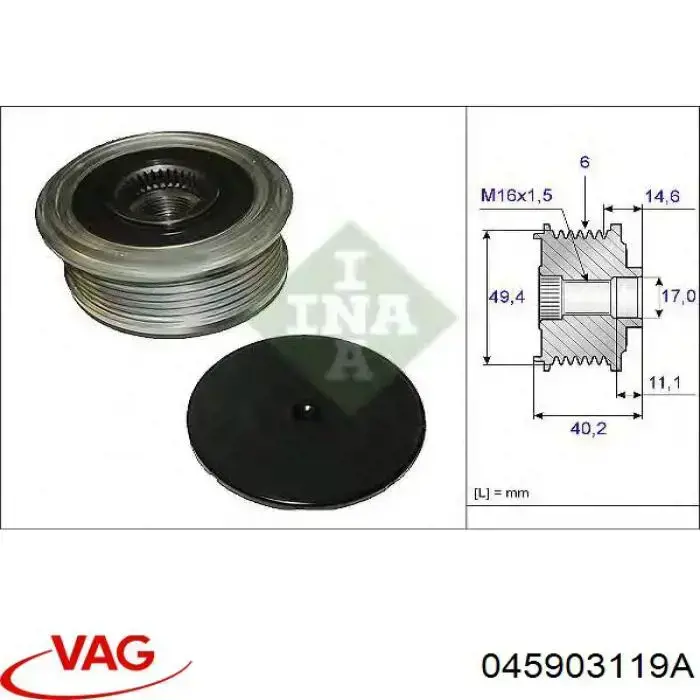 Koło pasowe alternatora VAG 045903119A cena, od 45,20 USD
