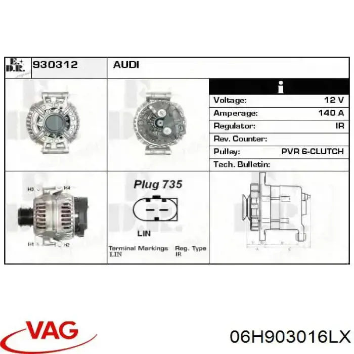 Alternator VAG 06H903016LX cena, od 180,66 USD