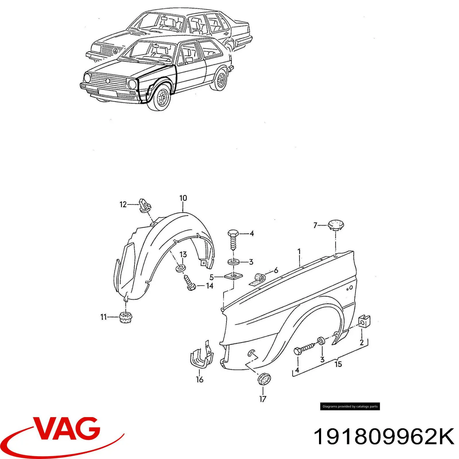 Do koszyka 191809962K VAG Nadkole błotnika przedniego prawe