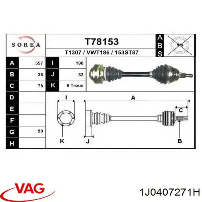 1J0407271H VAG Półoś napędowa przednia lewa