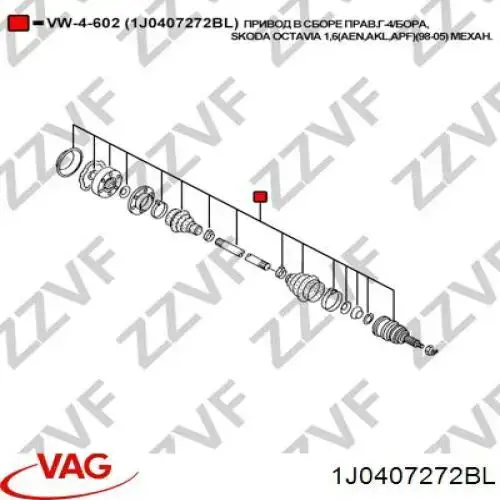 Do koszyka 1J0407272BL VAG Półoś napędowa przednia prawa