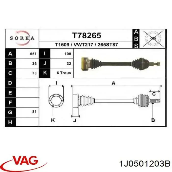 1J0501203B VAG Półoś tylna lewa