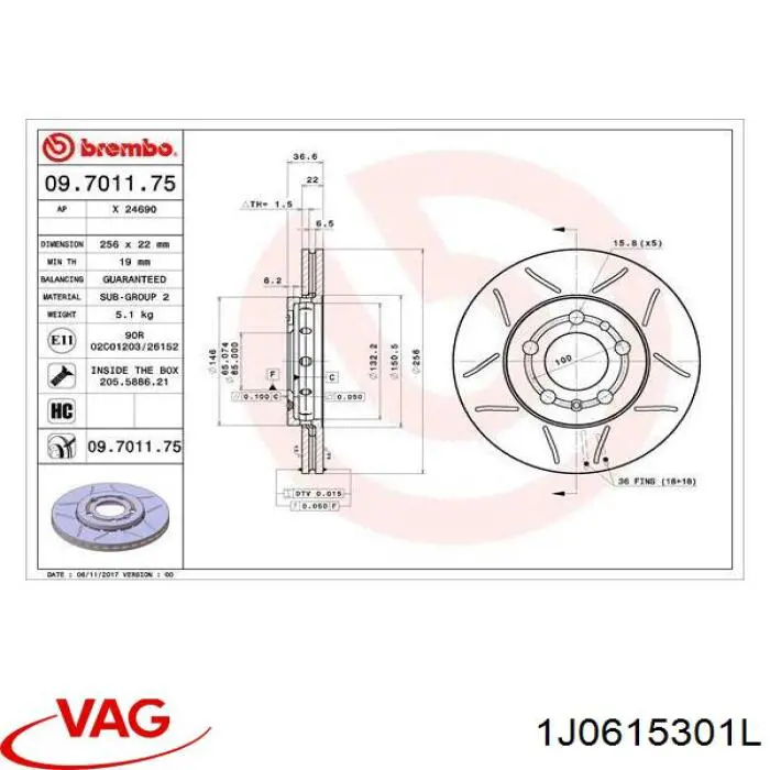 Tarcza hamulcowa przednia 1J0615301L VAG