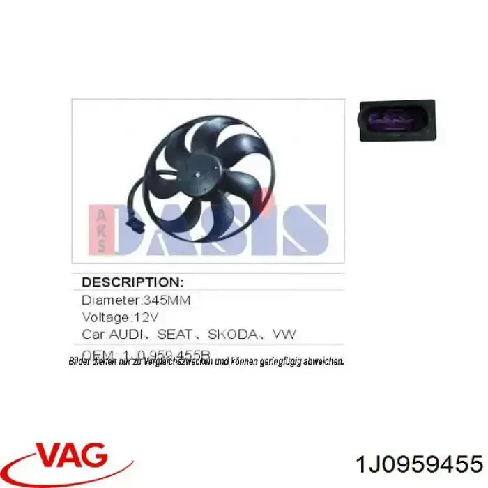 Wentylator elektryczny układu chłodzenia kompletny (silnik+wirnik) 1J0959455 VAG