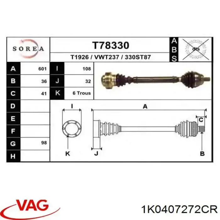 Półoś napędowa przednia prawa VAG 1K0407272CR cena, od 81,72 USD