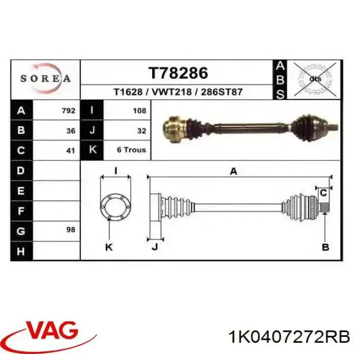 Półoś napędowa przednia prawa VAG 1K0407272RB cena, od 81,72 USD