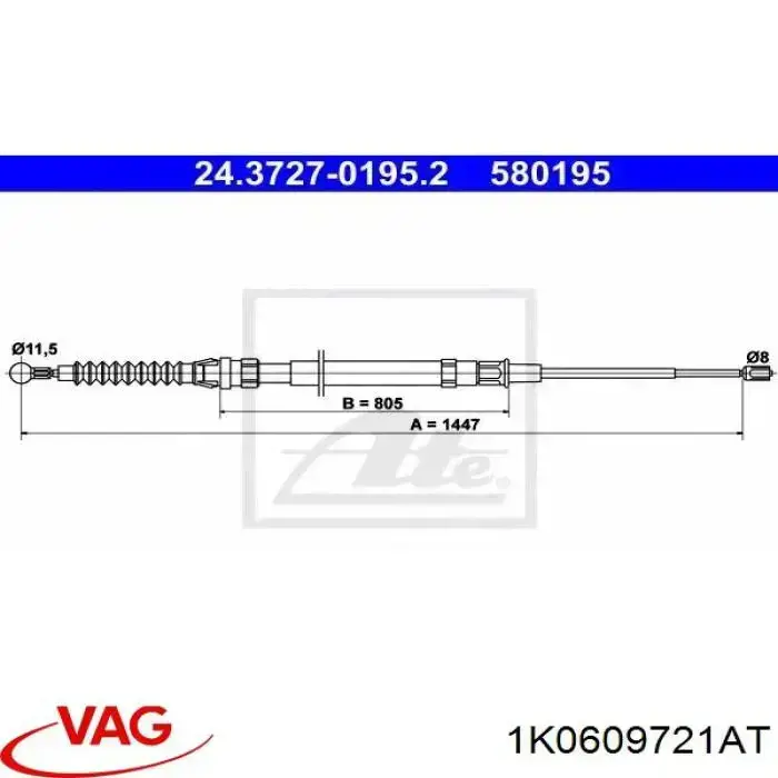Linka hamulca ręcznego tylna prawa/lewa VAG 1K0609721AT cena, od 15,18 USD