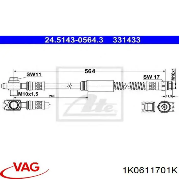 Do koszyka 1K0611701K VAG Przewód hamulcowy przedni