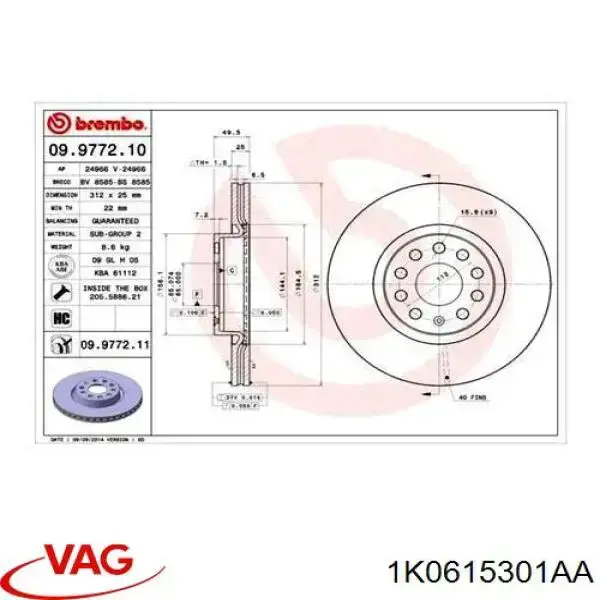 Tarcza hamulcowa przednia VAG 1K0615301AA cena, od 54,48 USD