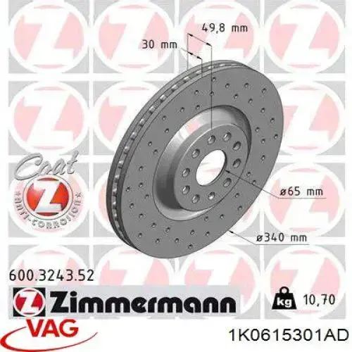 Tarcza hamulcowa przednia VAG 1K0615301AD cena, od 56,87 USD