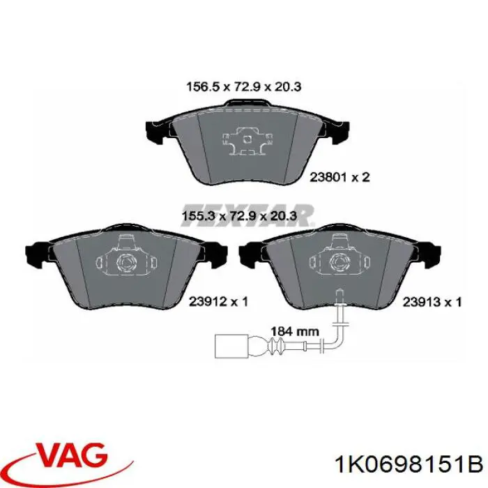 Klocki hamulcowe przednie tarczowe VAG 1K0698151B cena, od 104,47 USD