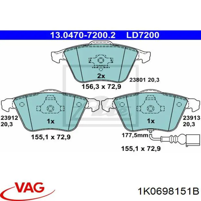 Klocki hamulcowe przednie tarczowe 1K0698151B VAG