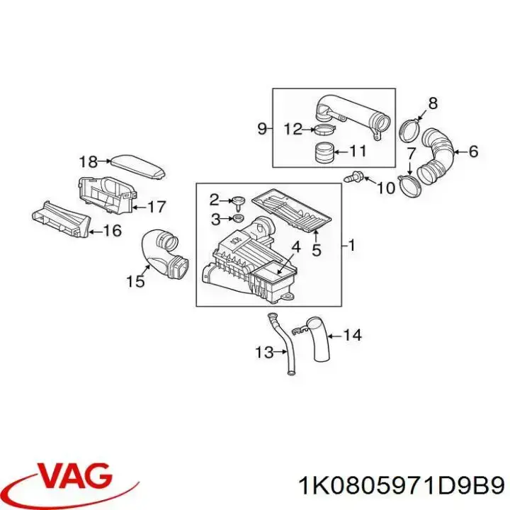 1K0805971D9B9 VAG wlot powietrza do filtra powietrza