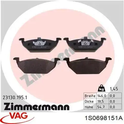 Do koszyka 1S0698151A VAG Klocki hamulcowe przednie tarczowe