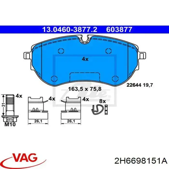 Klocki hamulcowe przednie tarczowe VAG 2H6698151A cena, od 63,10 USD