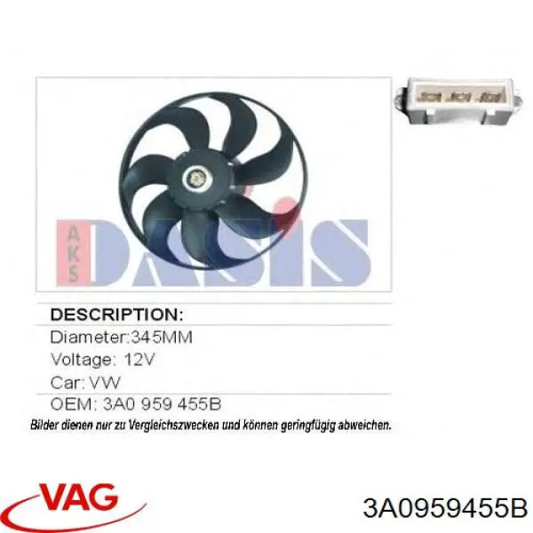Wentylator elektryczny układu chłodzenia kompletny (silnik+wirnik) VAG 3A0959455B cena, od 84,24 USD
