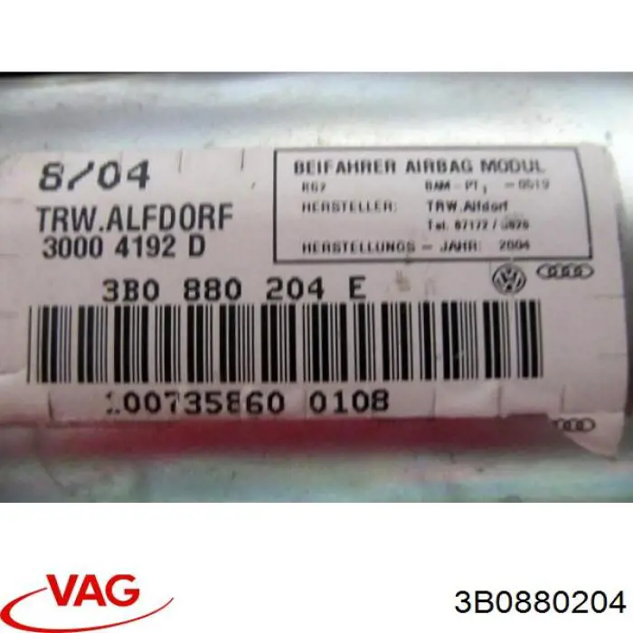 Poduszka powietrzna (Airbag) pasażera VAG 3B0880204 cena, od 54,48 USD
