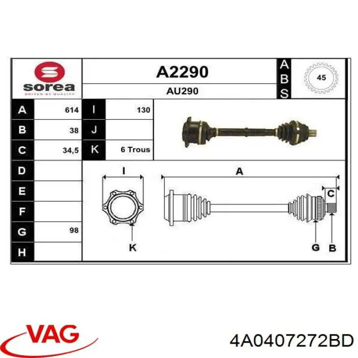 Półoś napędowa przednia lewa VAG 4A0407272BD cena, od 71,54 USD