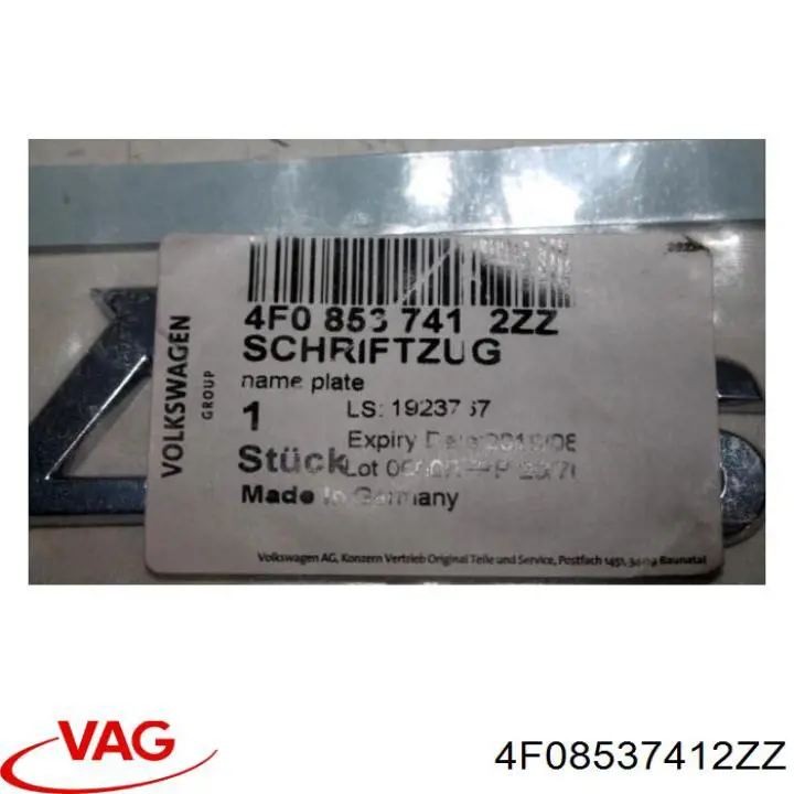 4F08537412ZZ VAG Emblemat na klapę bagaznika (znaczek firmowy)
