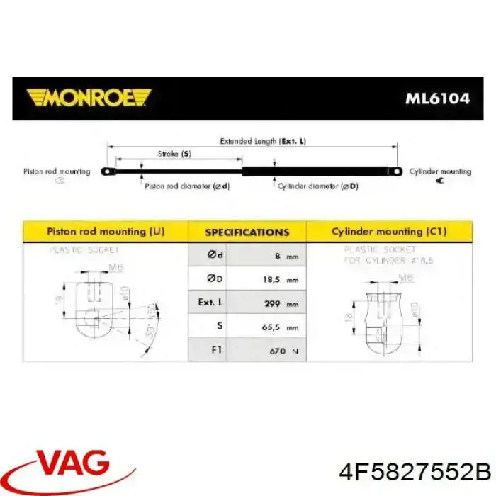 Amortyzator klapy bagażnika (3/5 drzwi-tylnych) VAG 4F5827552B cena, od 12,89 USD