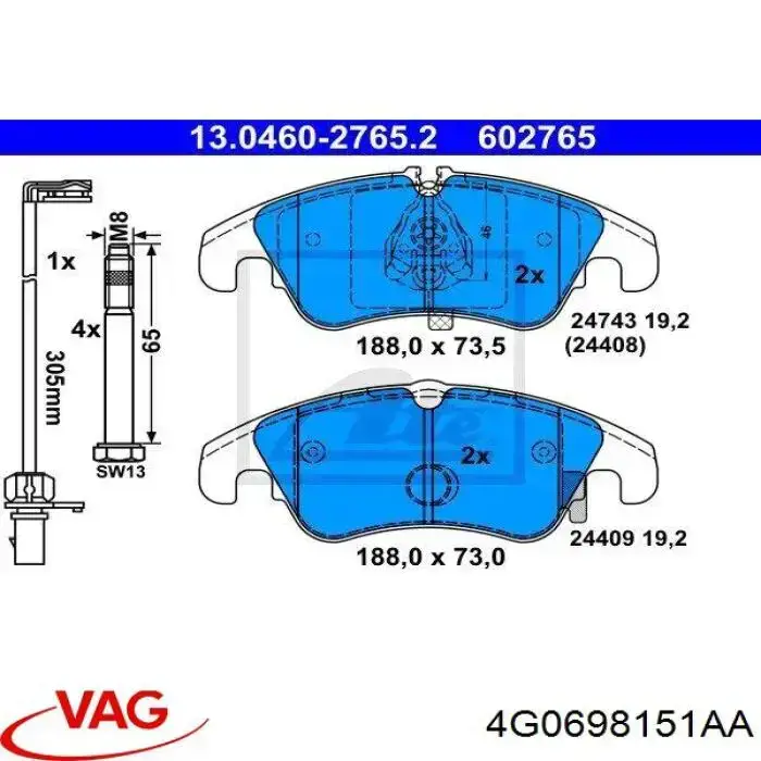 Klocki hamulcowe przednie tarczowe 4G0698151AA VAG