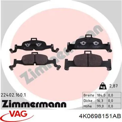 4K0698151AB VAG Klocki hamulcowe przednie tarczowe
