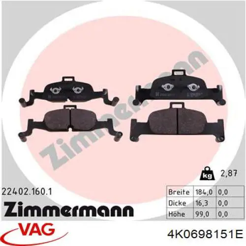 Klocki hamulcowe przednie tarczowe VAG 4K0698151E cena, od 66,39 USD