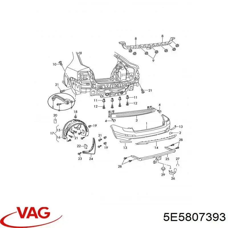 5E5807393 VAG Wspornik zderzaka tylnego lewy