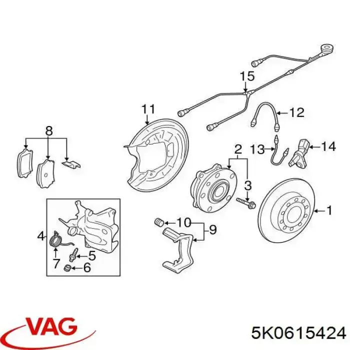 Do koszyka 5K0615424 VAG Zacisk hamulcowy tylny prawy