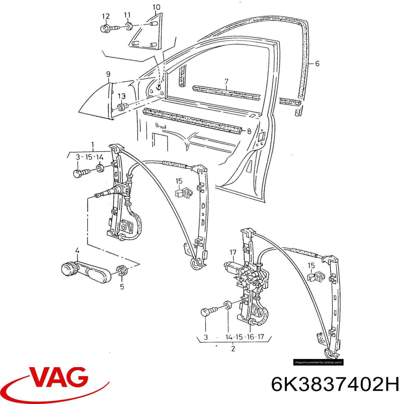 6K3837402H VAG Mechanizm podnoszenia szyby drzwi przednich prawych