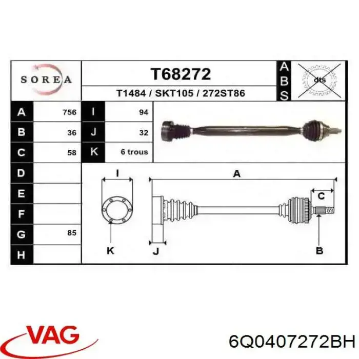 Półoś napędowa przednia prawa VAG 6Q0407272BH cena, od 80,02 USD