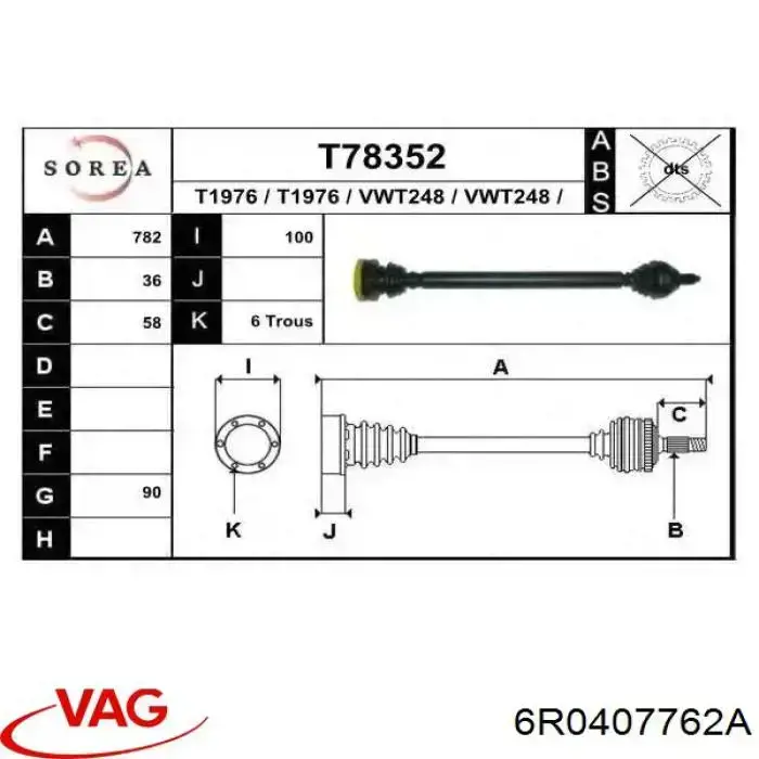 6R0407762A VAG Półoś napędowa przednia prawa