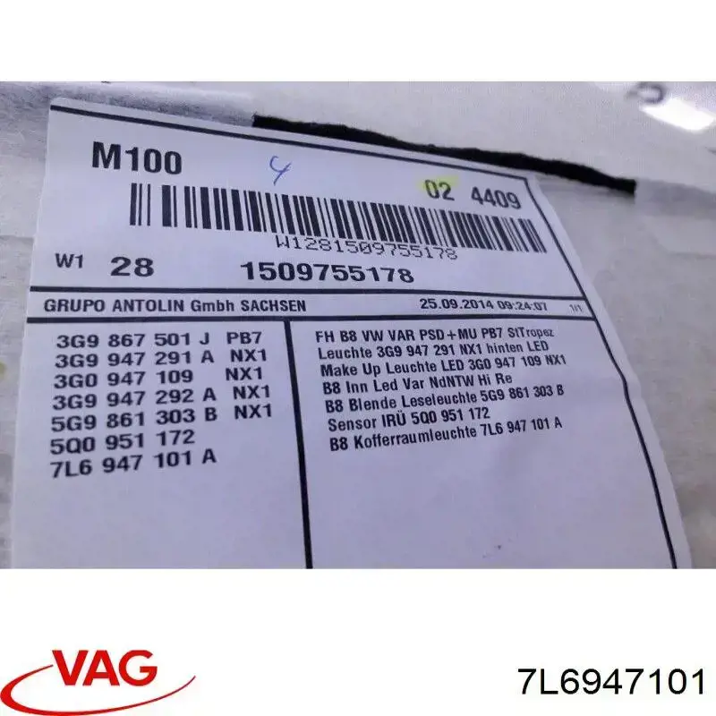 Do koszyka 7L6947101 VAG Lampka oświetlenia bagażnika