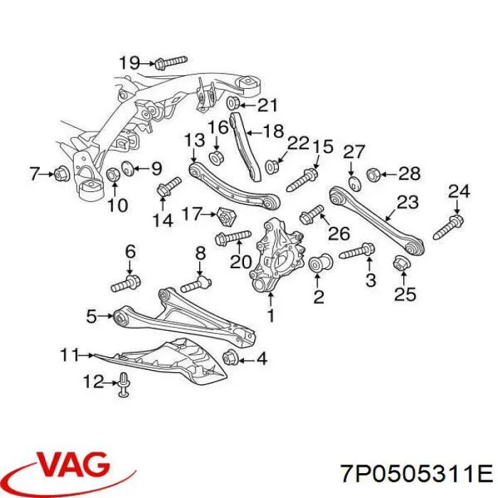 7P0505311E VAG Wahacz zawieszenia tylnego dolny lewy