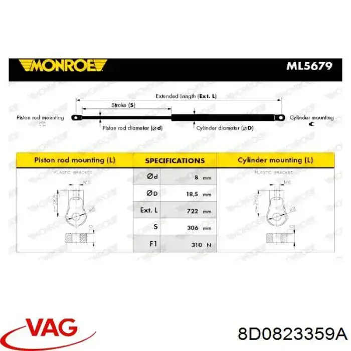 Do koszyka 8D0823359A VAG Amortyzator maski