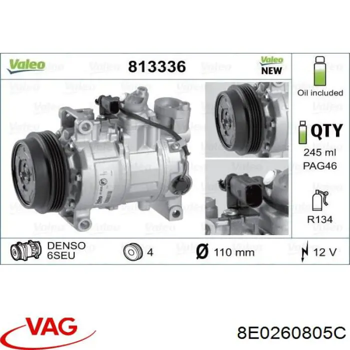 Sprężarka klimatyzacji VAG 8E0260805C cena, od 174,83 USD