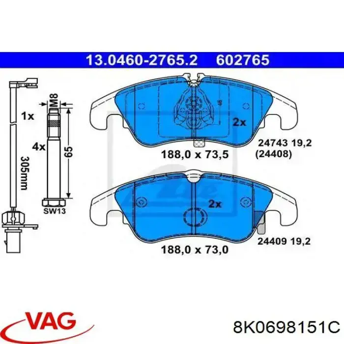 8K0698151C VAG Klocki hamulcowe przednie tarczowe