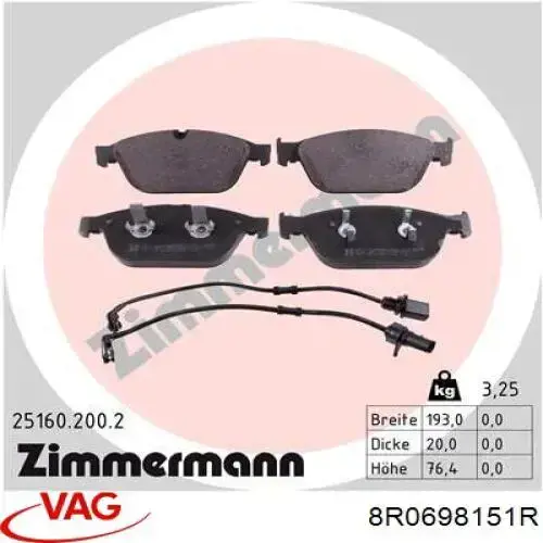 8R0698151R VAG Klocki hamulcowe przednie tarczowe