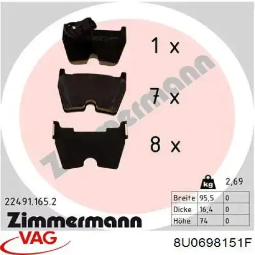 8U0698151F VAG Klocki hamulcowe przednie tarczowe