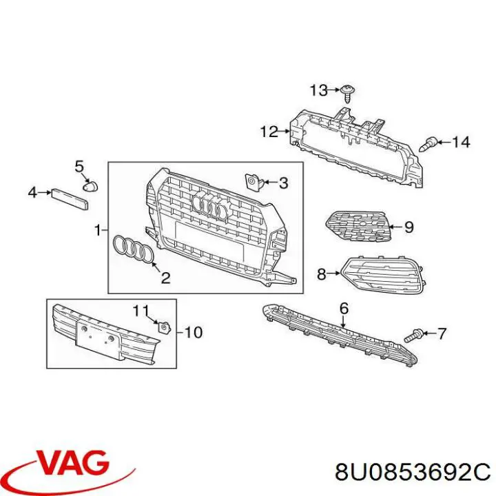 Wspornik atrapy chłodnicy VAG 8U0853692C cena, od 52,28 USD