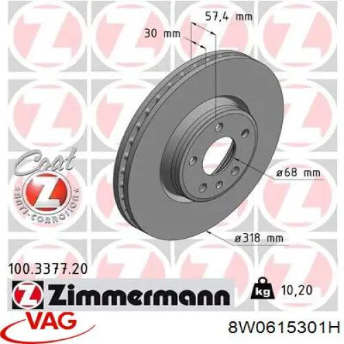 Tarcza hamulcowa przednia VAG 8W0615301H cena, od 82,45 USD
