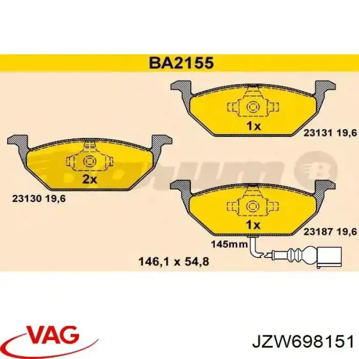 JZW698151 VAG Klocki hamulcowe przednie tarczowe