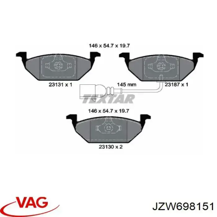 Do koszyka JZW698151 VAG Klocki hamulcowe przednie tarczowe