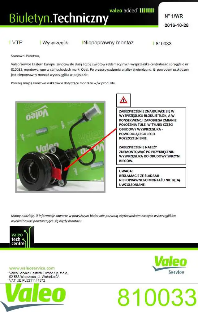 Cylinder roboczy sprzęgła (wysprzęglik) w komplecie z łożyskiem wyciskowym VALEO 810033 cena, od 57,58 USD