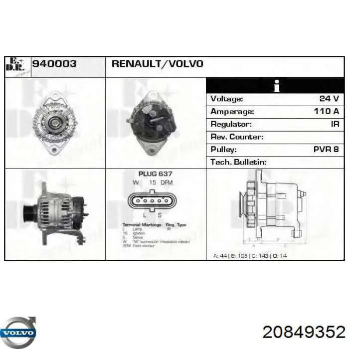 Alternator Volvo 20849352 cena, od 202,14 USD