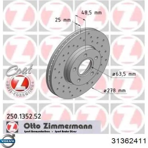 Tarcza hamulcowa przednia Volvo 31362411 cena, od 50,16 USD